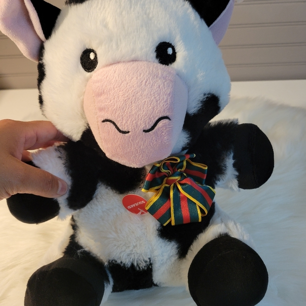 Plush Cow Toy with Bow - Black and White - Picture 3 of 9